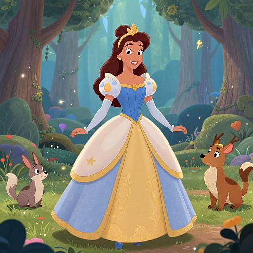 Digital illustration of Disney's Princess Aurora in blue and yellow ball gown, standing in enchanted forest with Bambi and Thumper.