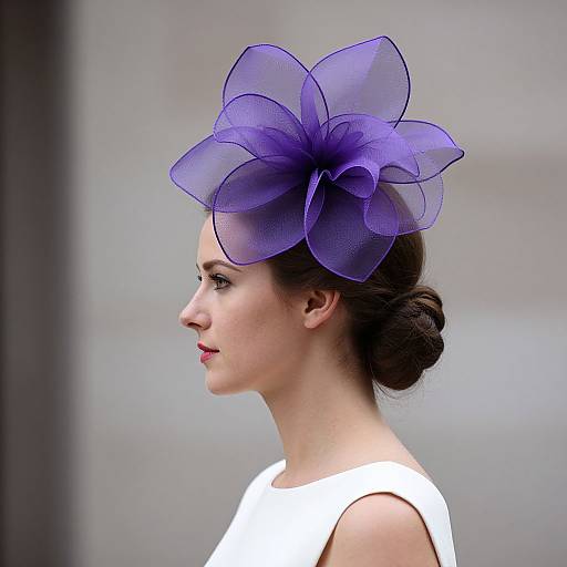 Photograph of a fair-skinned woman with dark hair in an elegant bun, wearing a white dress and a large, translucent purple floral fascinator,