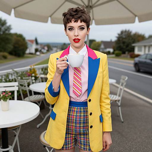 Photograph of a short-haired woman with fair skin, red lipstick, wearing a colorful yellow and blue blazer, pink shirt, striped tie, and