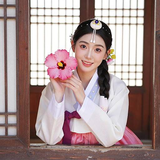 Korean woman in traditional hanbok, black braided hair, white top, pink skirt, holding pink flower, smiling, wooden window frame,