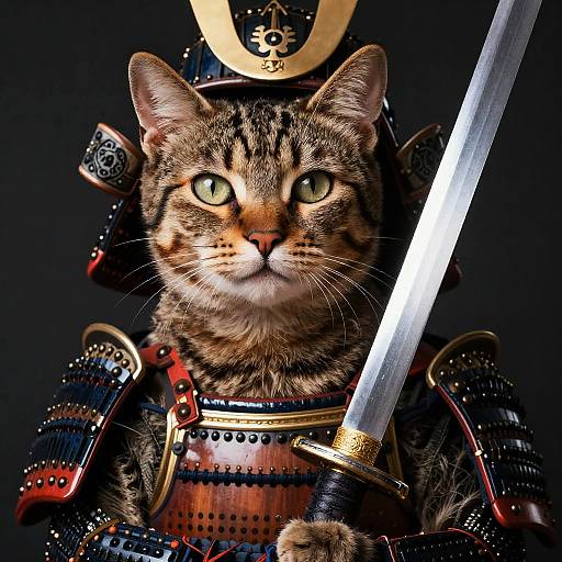 Photorealistic image of a tabby cat in detailed samurai armor, holding a katana, with a focused expression, against a dark background.