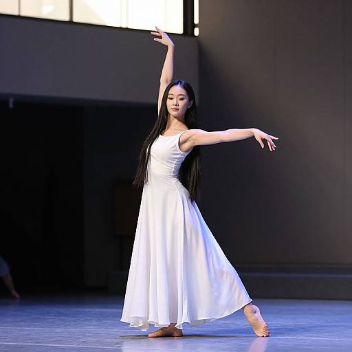 Photograph of an Asian ballerina with long black hair, wearing a flowing white dress, balancing on one foot, extending arms gracefully on a dark