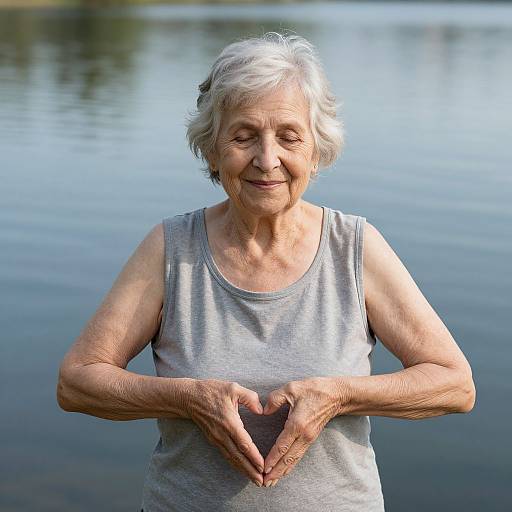 Photograph of an elderly woman with short white hair, wearing a gray sleeveless top, making a heart shape with her hands, smiling, standing by