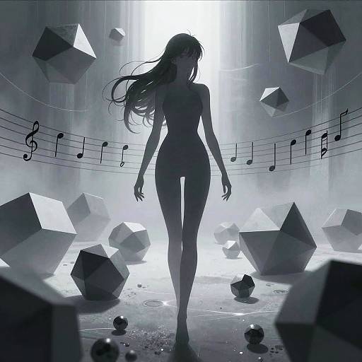 Ethereal Female Silhouette with Floating Platonic Solids