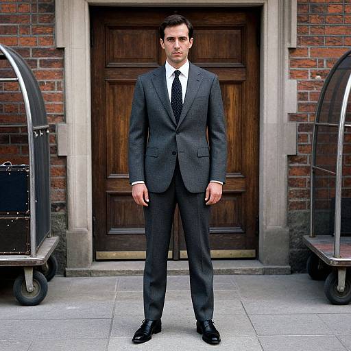 Photograph of a serious, Caucasian man in a dark gray suit, white shirt, and black tie, standing in front of a wooden door, fl