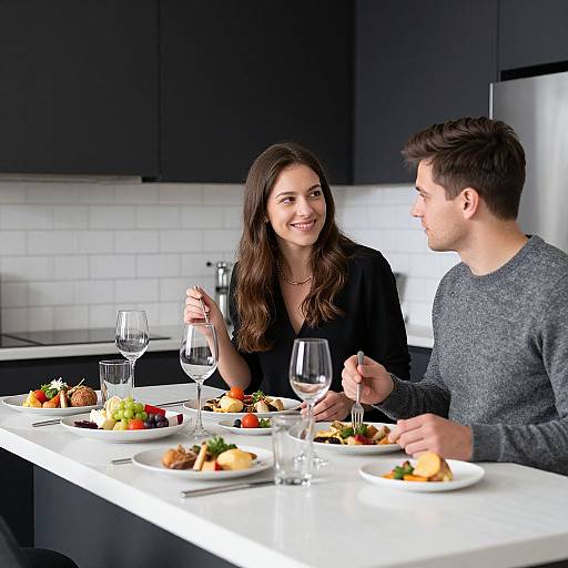 Photograph of a smiling couple dining in a modern kitchen, both holding wine glasses, seated at a white island countertop with gourmet dishes and fruit.