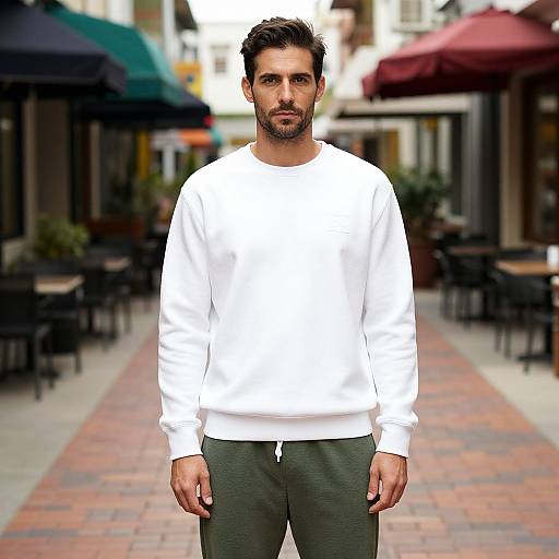 Photograph of a bearded man with dark hair, wearing a white sweatshirt and gray pants, standing in a blurred, cobblestone street with