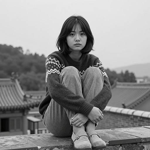 Young Woman Sitting on Rooftop in Black and White