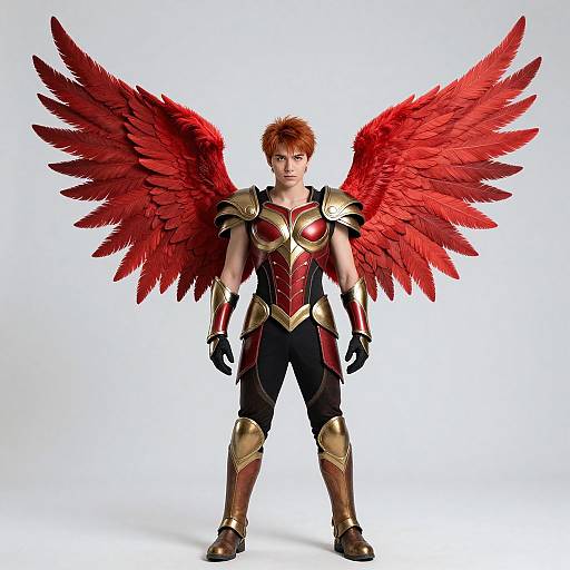 Photorealistic CGI of a red-haired man with large, vibrant red wings, wearing gold and red armor, standing against a white background.