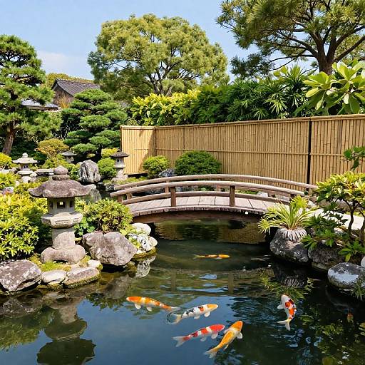 Photograph of a serene Japanese garden with a wooden bridge, koi pond with colorful fish, stone lantern, bamboo fence, and lush greenery.