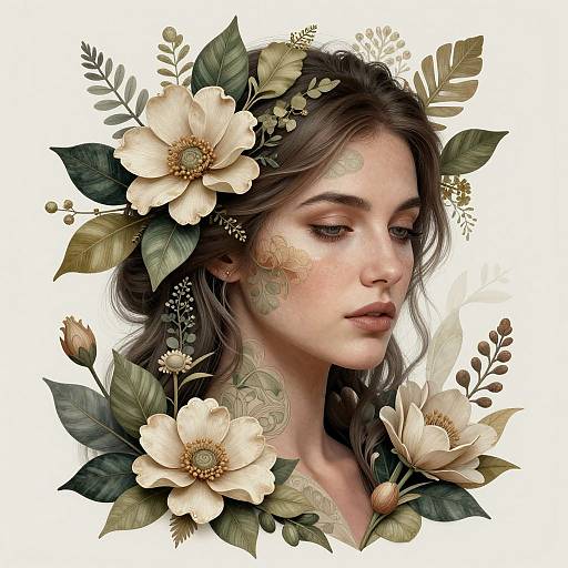 Digital art portrait of a serene young woman with fair skin, brown wavy hair, adorned with large cream-colored flowers and green leaves. Her eyes are