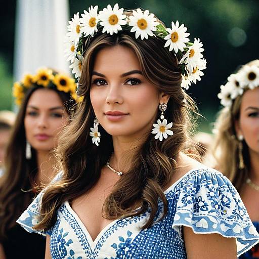 Woman in Mamma Mia Inspired Costume with Daisy Flower Crown