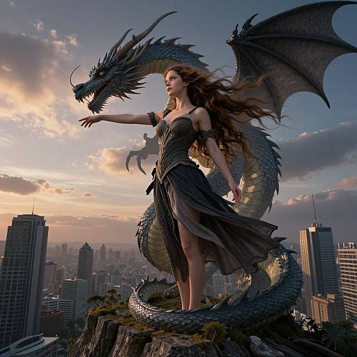 Digital artwork of a fierce, long-haired woman in a black, scale-like dress standing on a rock, with a large, winding dragon beside her,