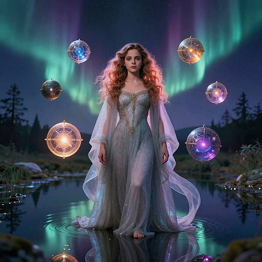 Photograph of a curly-haired woman in a glowing, translucent gown standing in a reflective pond, surrounded by floating, colorful glass orbs, under vibrant aur
