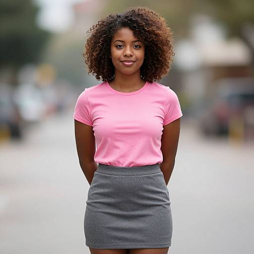 Photograph of a smiling Black woman with curly brown hair, wearing a pink short-sleeve top and gray skirt, standing outdoors on a blurred street