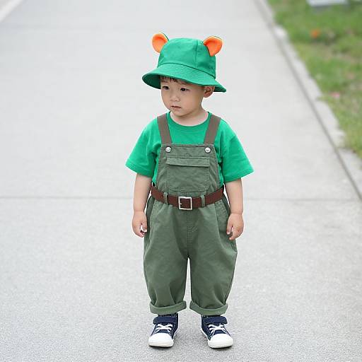 Young Boy in Green Outfit on Sidewalk