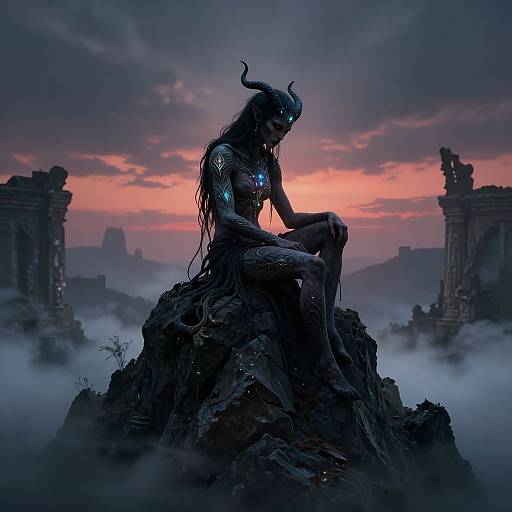 Digital fantasy artwork of a dark, horned, glowing-eyed humanoid with long, wet hair, sitting on a rocky peak at sunset, surrounded by mist