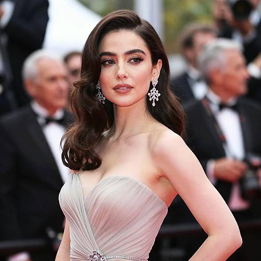 Photograph of a beautiful woman with long dark hair, wearing a white strapless gown and elegant earrings, at a formal event, surrounded by blurred,