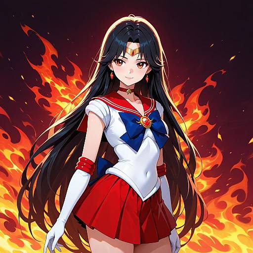 Anime-style digital illustration of a black-haired, red-eyed, fire-haired Sailor Moon with a white and red magical girl outfit, standing amidst vibrant flames.