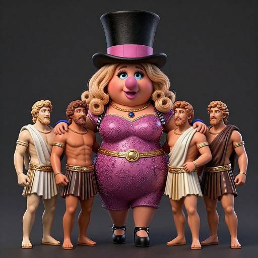 Midaged Lady with Top Hat and Greek Athletes