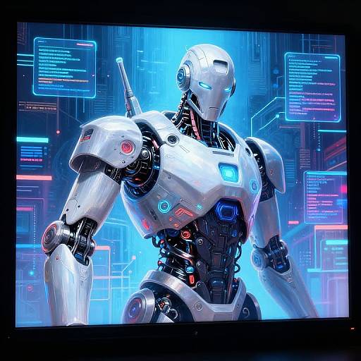 Digital artwork of a futuristic white humanoid robot with glowing blue and red lights, set against a neon-lit cybernetic background.