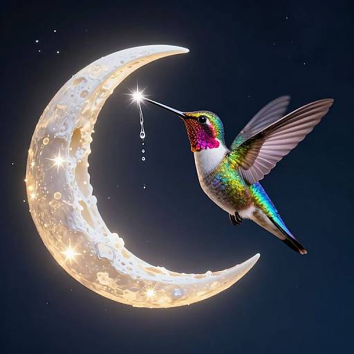 Photograph of a vibrant, rainbow-hued hummingbird with iridescent feathers sipping nectar from a starlit crescent moon against a dark
