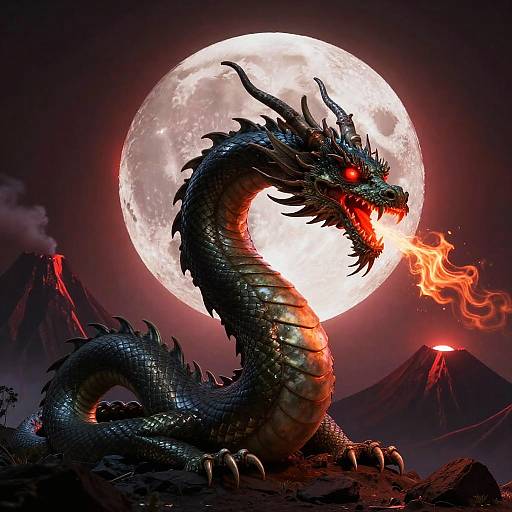 Digital art: Dark dragon with glowing red eyes and fiery breath, silhouetted against a full moon. Volcanic mountains with lava flows in