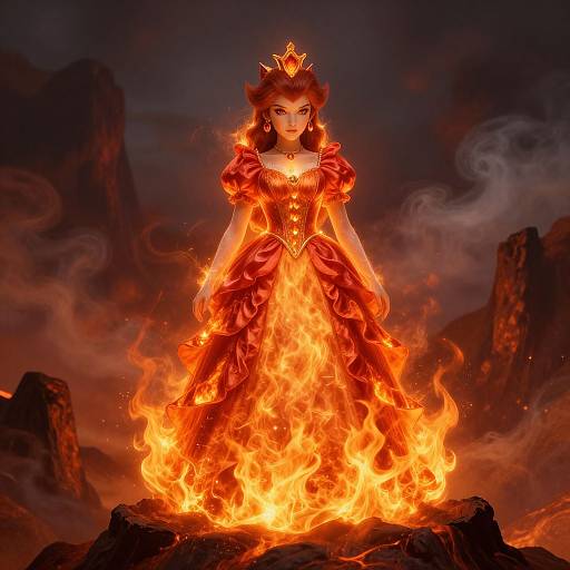 Digital artwork of a fiery queen with a red, flame-embroidered gown, crowned, standing on a rocky, smoky mountain peak.