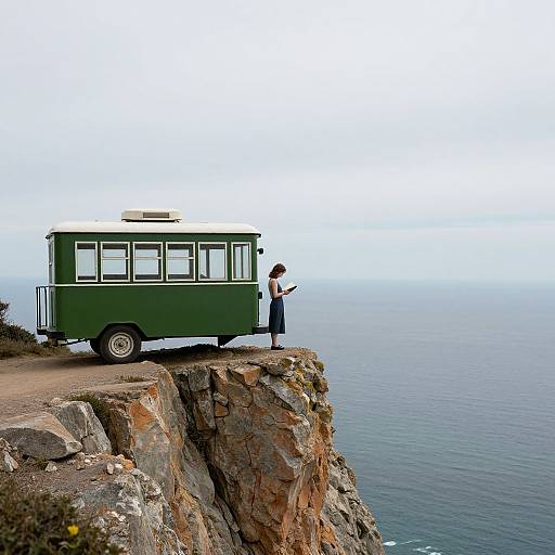 Photograph of a woman in a blue dress standing on a rocky cliff, looking at a green vintage bus parked beside her. Ocean and misty sky
