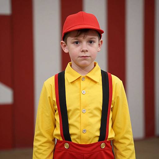 Young boy in vibrant yellow shirt, red suspenders, and matching red cap, standing against red and white striped background. Photorealistic CGI.