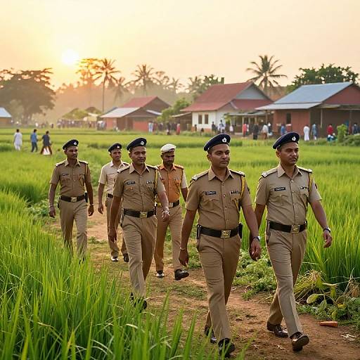Photograph of six Indian male police officers in tan uniforms walking through a lush green rice paddy at sunset, with village houses and palm trees in the