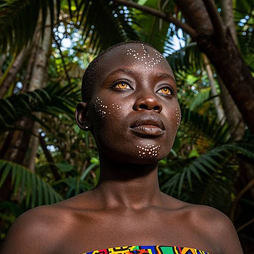Photograph of a dark-skinned woman with bright yellow eyes, adorned with white facial paint dots, standing in a lush, tropical forest, wearing a