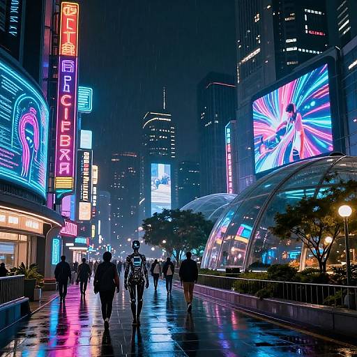 Neon-lit, rainy city night scene photograph: pedestrians walk on a wet street past vibrant, colorful billboards and illuminated skyscrapers.