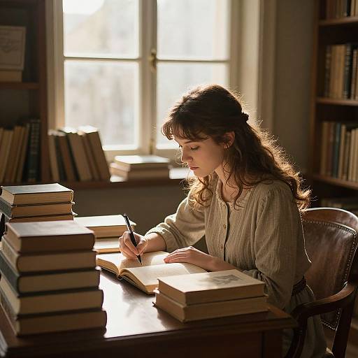 Photograph of a young woman with wavy brown hair, wearing a beige blouse, writing in an open book at a sunlit library table with stacked