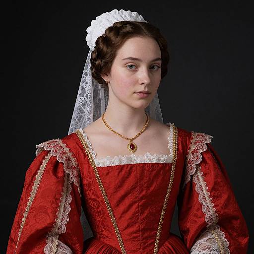Photograph of a young white woman in a red Renaissance-style dress with white lace trim, gold chain, and white lace veil against a black background.