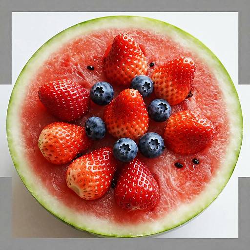 Photograph of a vibrant watermelon slice topped with red strawberries and blueberries, showcasing bright colors and fresh textures against a white background.