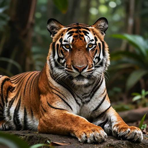 Photograph of a majestic Bengal tiger with striking orange and black stripes, lying alertly in a lush, green forest.