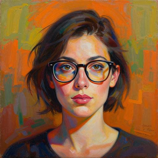 Digital painting of a young woman with short black hair, large black glasses, and pink lips, set against a vibrant orange and yellow abstract background. Artist