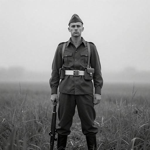 Stern Soldier in Misty Tall Grass