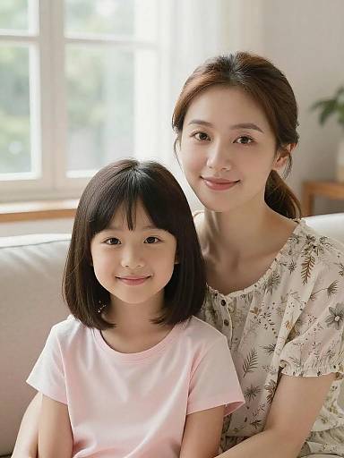 Smiling Asian Mother and Daughter on Sofa