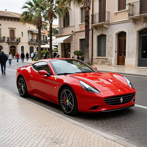 Photograph of a sleek, vibrant red Ferrari sports car parked on a cobblestone street in a European town with historic buildings, palm trees, and