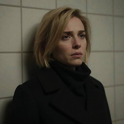 Serious Woman in Black Coat Against Tiled Wall