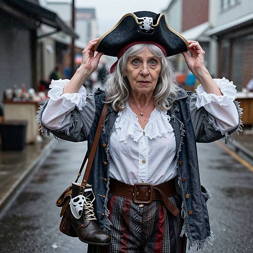 Photograph of an elderly woman with silver hair wearing a pirate hat, white ruffled shirt, black jacket, and checkered pants, standing on a