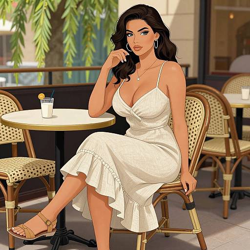 Digital illustration of a curvy, dark-haired woman in a white, cleavage-revealing dress, sitting at a café table with a glass of