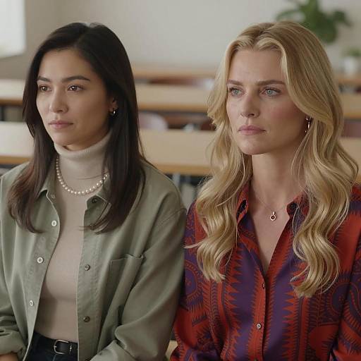 Two Women Sitting Side by Side Indoors