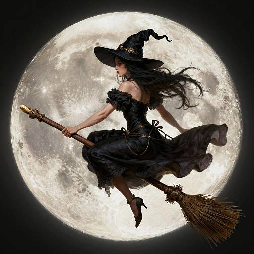 Digital art of a black-clad witch with flowing hair, wearing a pointy hat, flying on a broomstick against a full moon.