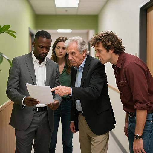 Business Team Reviewing Documents in Office Hallway