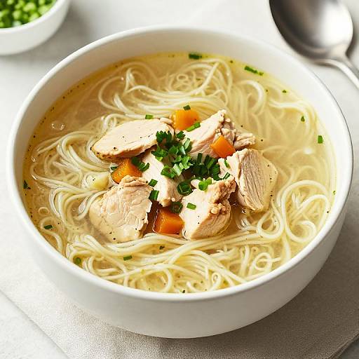 Photograph of a white bowl filled with chicken noodle soup, featuring tender chicken slices, orange carrots, and green parsley in a creamy broth, set