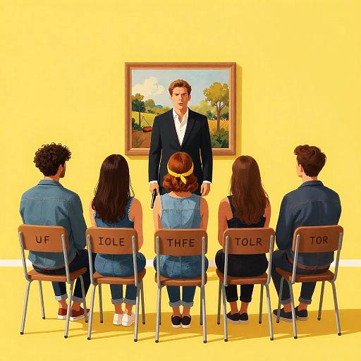 Group Facing Speaker with Gun in Bright Yellow Room