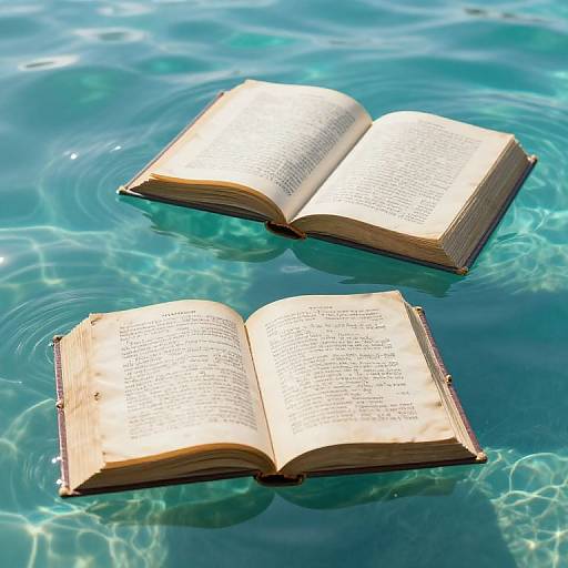 Photograph of two open books floating in clear, sunlit blue water, with sunlight reflecting off the pages and water surface.